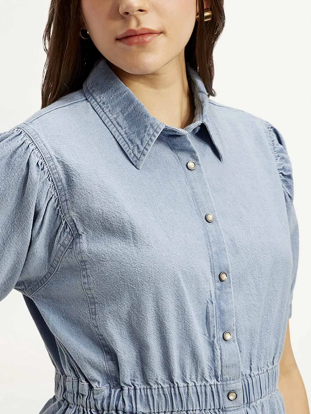 Women's Solid Light Blue Spread Collar Dress
