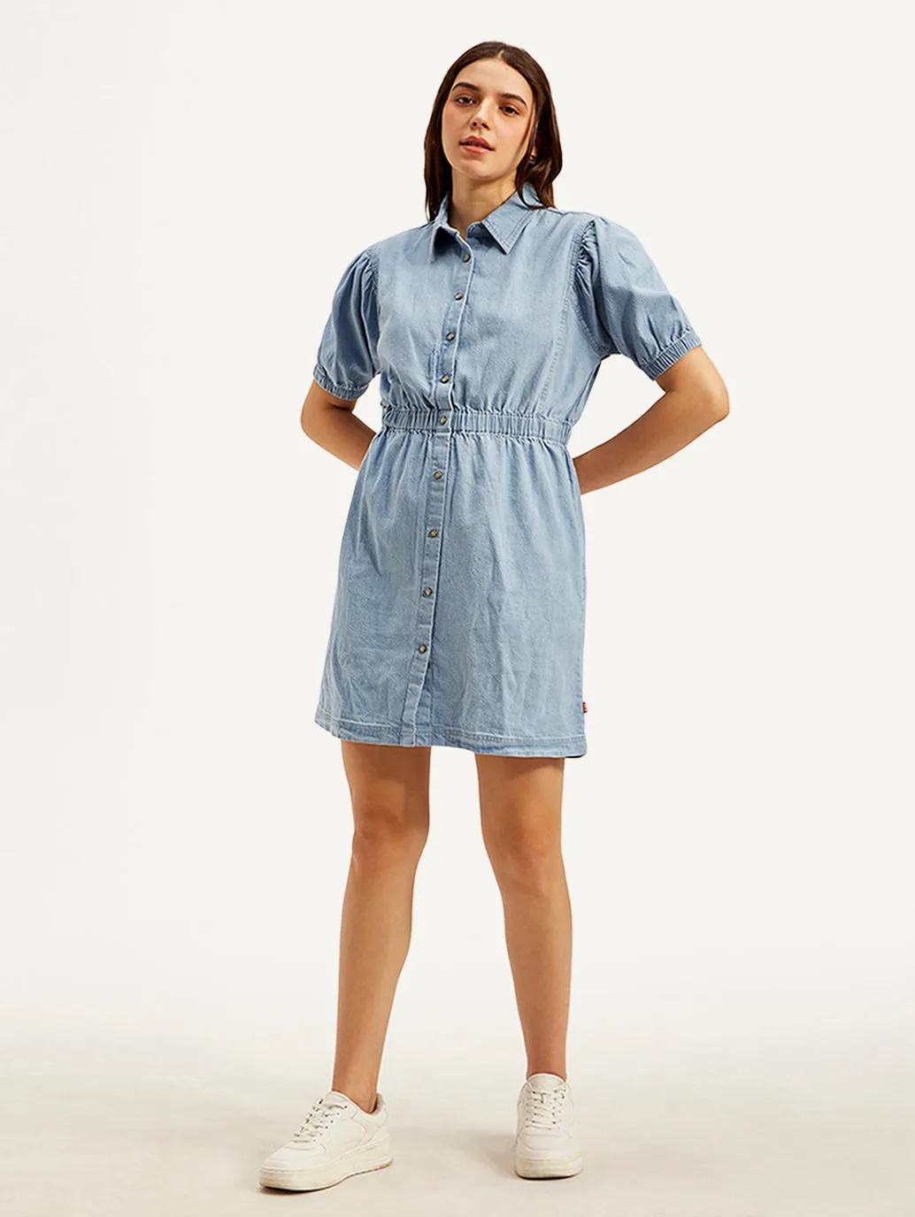 Women's Solid Light Blue Spread Collar Dress