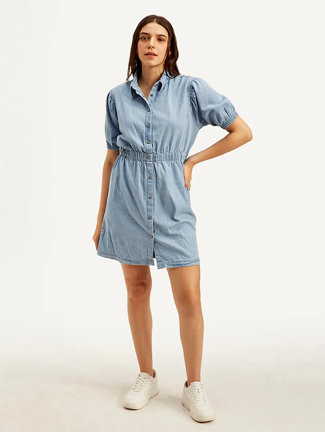 Women's Solid Light Blue Spread Collar Dress