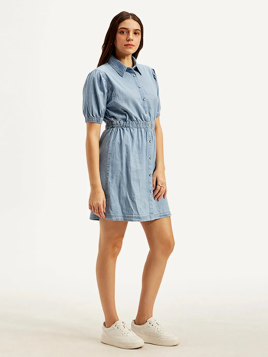 Women's Solid Light Blue Spread Collar Dress