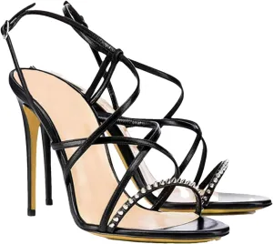 Women's Spiked Strappy Sandals, Black Pink Stiletto Party Heels