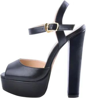 Women's Square Toe Party Heels - Black Chunky Ankle Straps