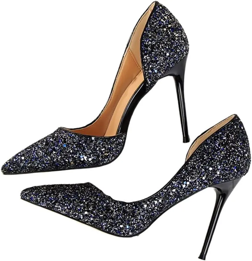 Women's Stiletto High Heel Shoes Pointed Toe Stiletto Heels Summer Wedding Dressy Pumps Elegant Sequin Slip On Party Pumps Sexy Heels