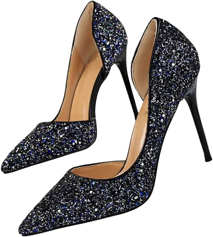Women's Stiletto High Heel Shoes Pointed Toe Stiletto Heels Summer Wedding Dressy Pumps Elegant Sequin Slip On Party Pumps Sexy Heels