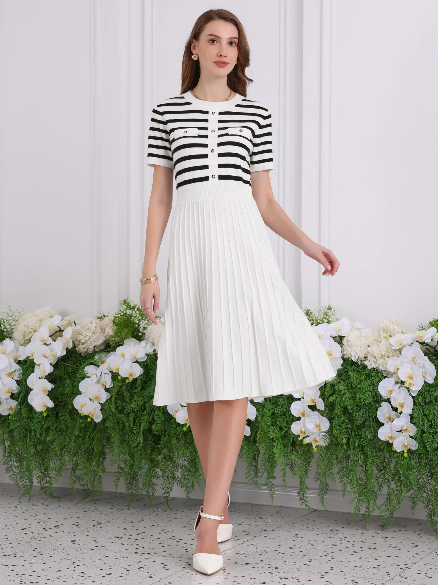 Women's Striped Sweater Dress Summer Short Sleeve Knit Flare Dresses