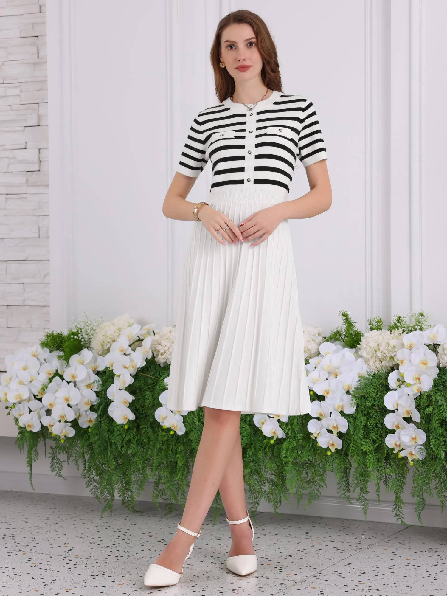 Women's Striped Sweater Dress Summer Short Sleeve Knit Flare Dresses