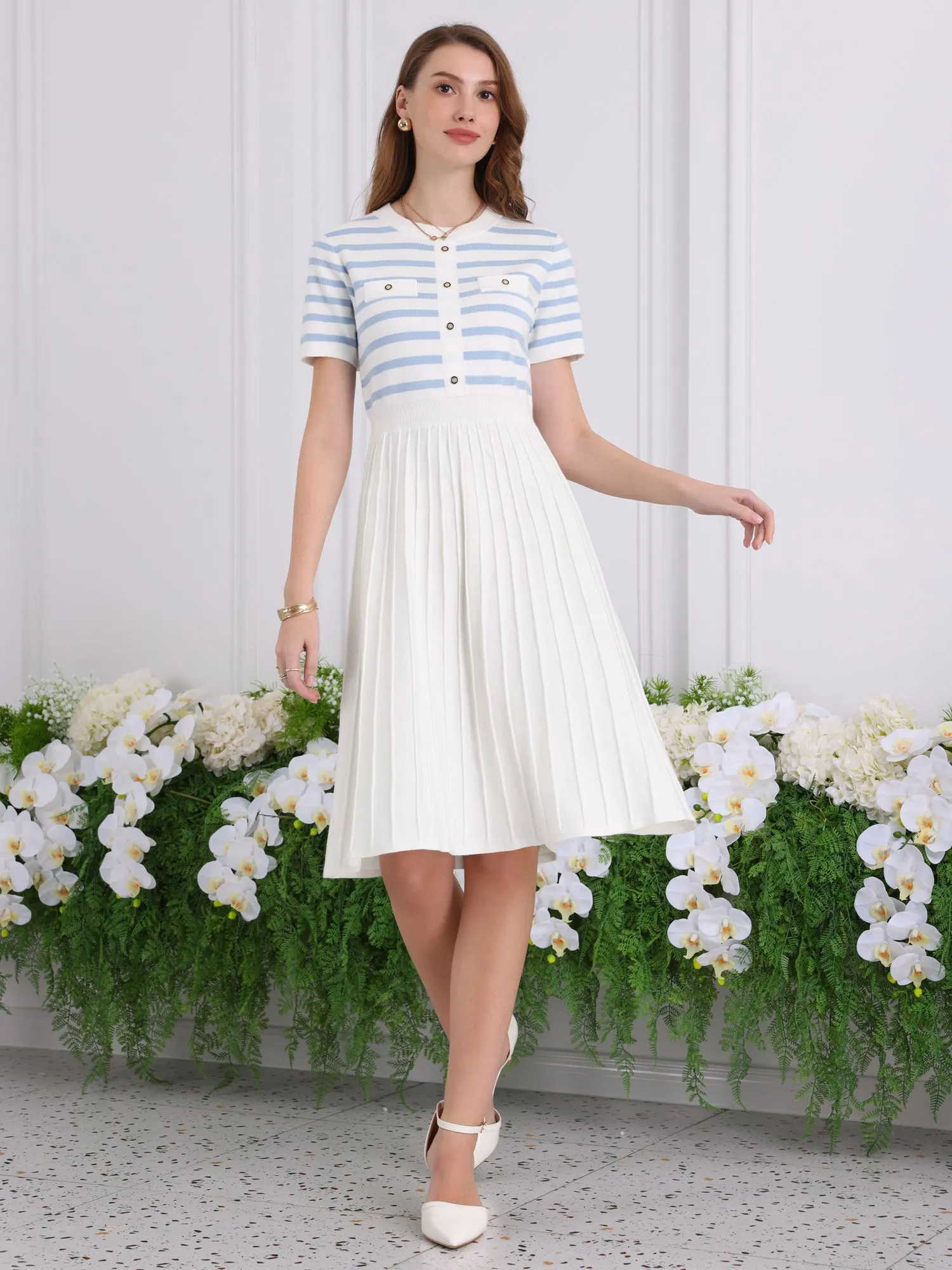 Women's Striped Sweater Dress Summer Short Sleeve Knit Flare Dresses
