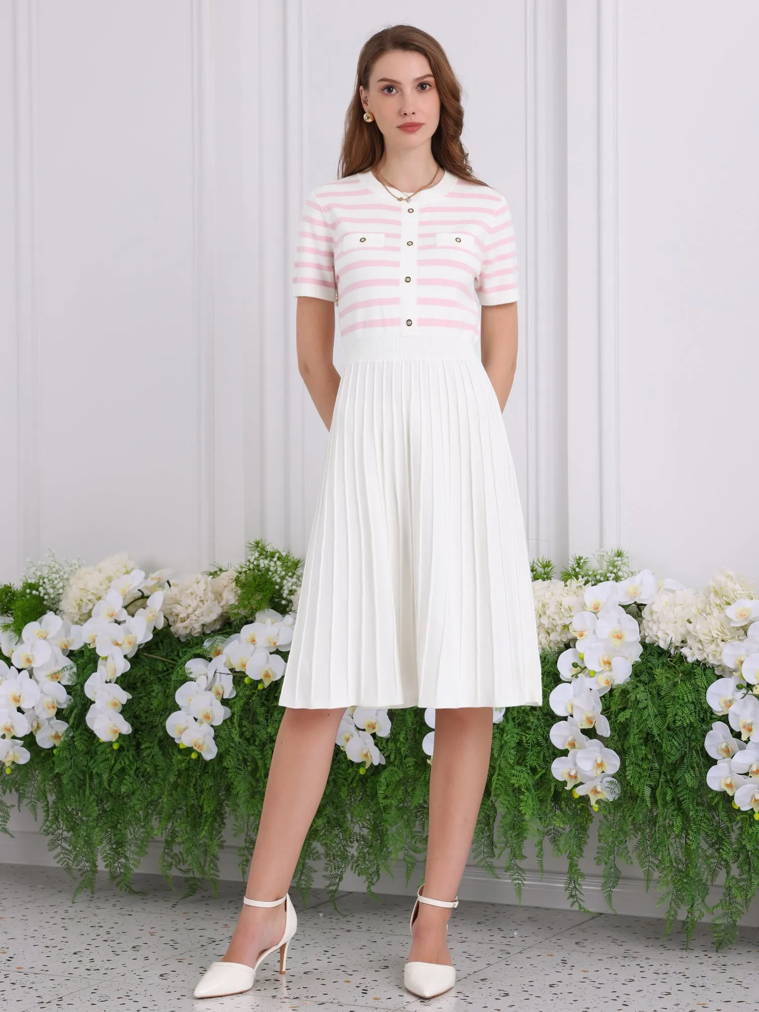 Women's Striped Sweater Dress Summer Short Sleeve Knit Flare Dresses