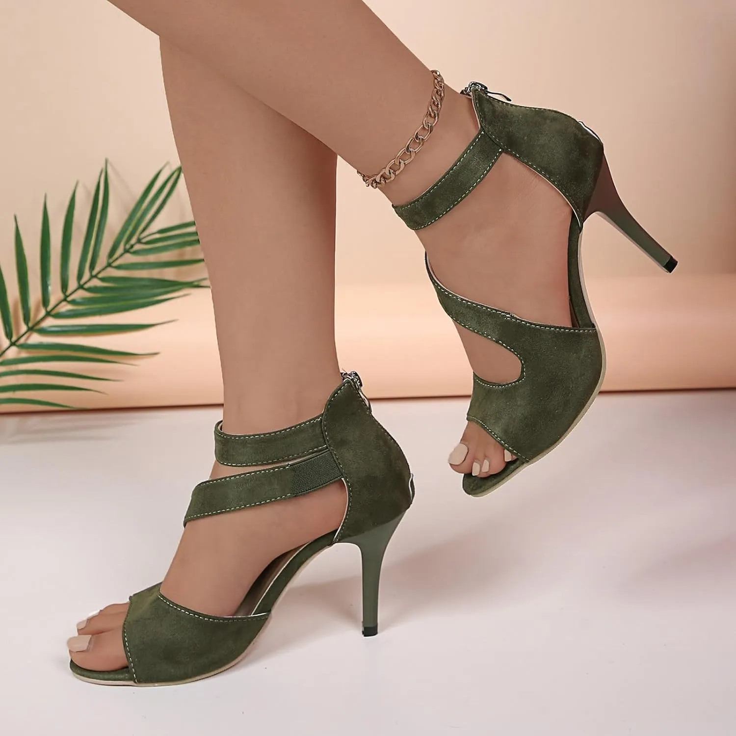 Women's Summer Fashion Fine Heel Fish Mouth Suede Back Zipper Heels Solid Sandals Platforms