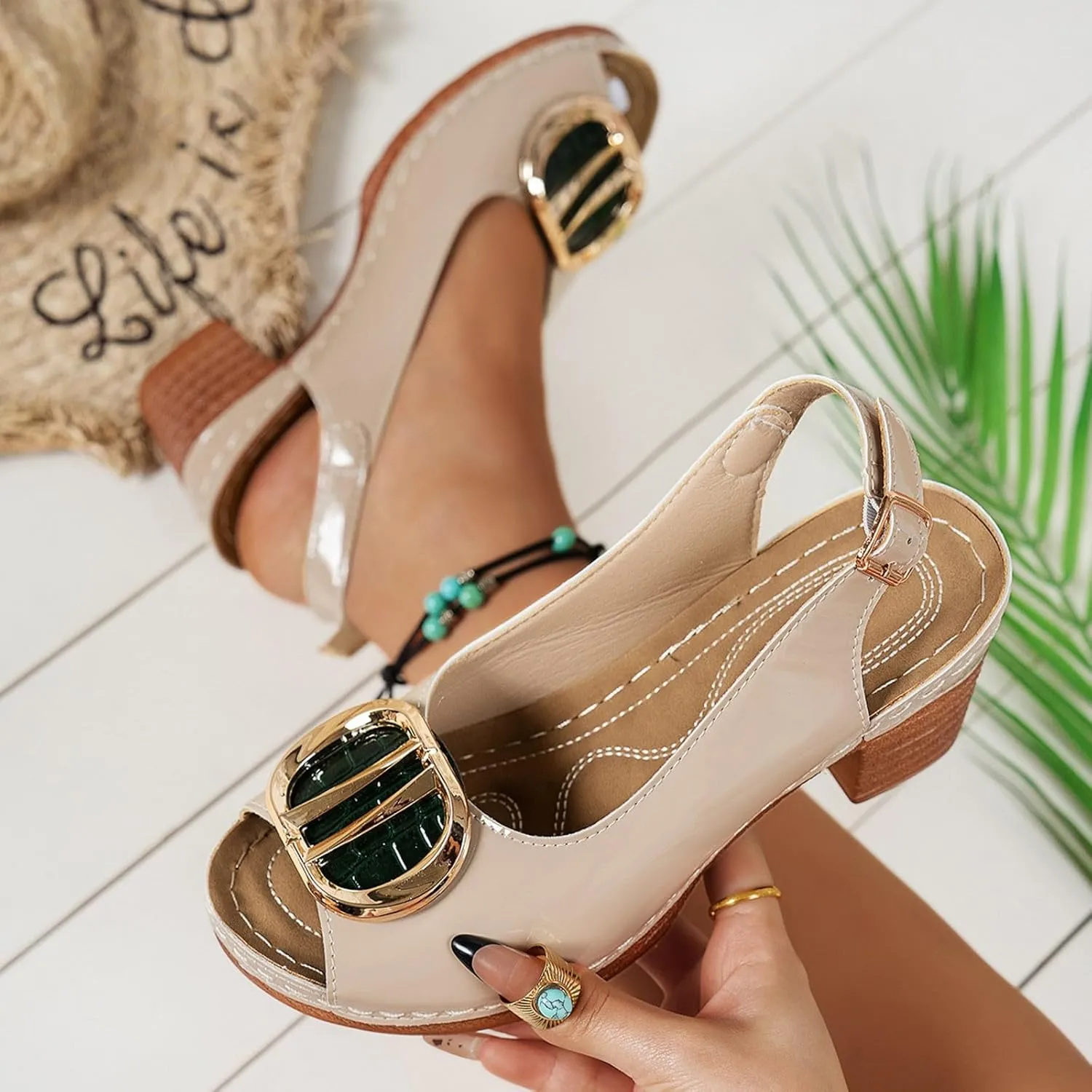 Women's Thick Heel Fish Mouth High Heels Fashionable Leather Outer Wear Spring And Summer Casual Flip Flops for Walking