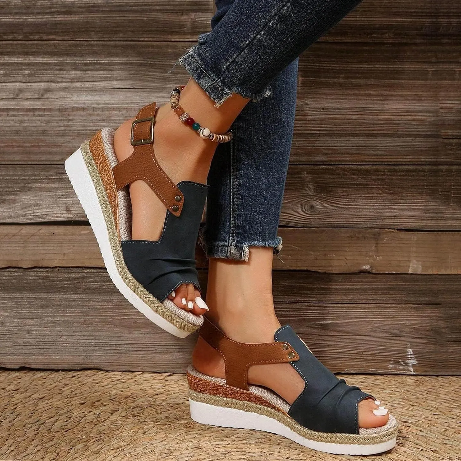 Women's Wedge Sandals 2025, Summer Dressy Comfortable Orthopedic Wedge Heels, Nude Bow Espadrilles, Platform Cork Wedges, Size 7.5, Navy Suede, Open Toe, Slip On