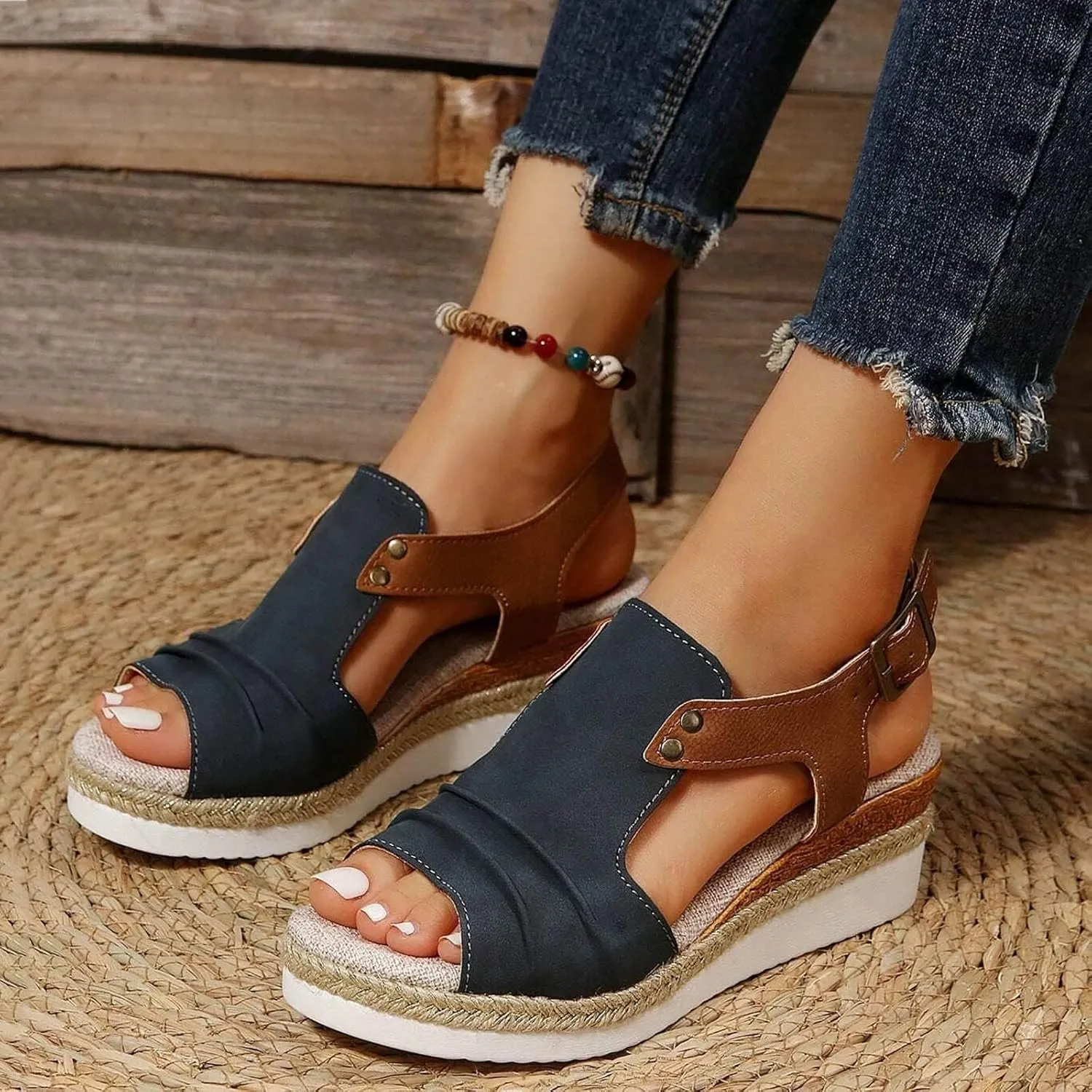 Women's Wedge Sandals 2025, Summer Dressy Comfortable Orthopedic Wedge Heels, Nude Bow Espadrilles, Platform Cork Wedges, Size 7.5, Navy Suede, Open Toe, Slip On