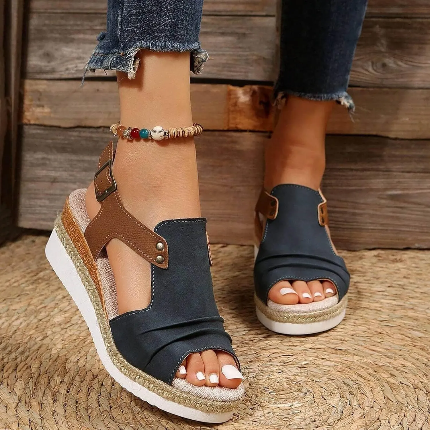 Women's Wedge Sandals 2025, Summer Dressy Comfortable Orthopedic Wedge Heels, Nude Bow Espadrilles, Platform Cork Wedges, Size 7.5, Navy Suede, Open Toe, Slip On