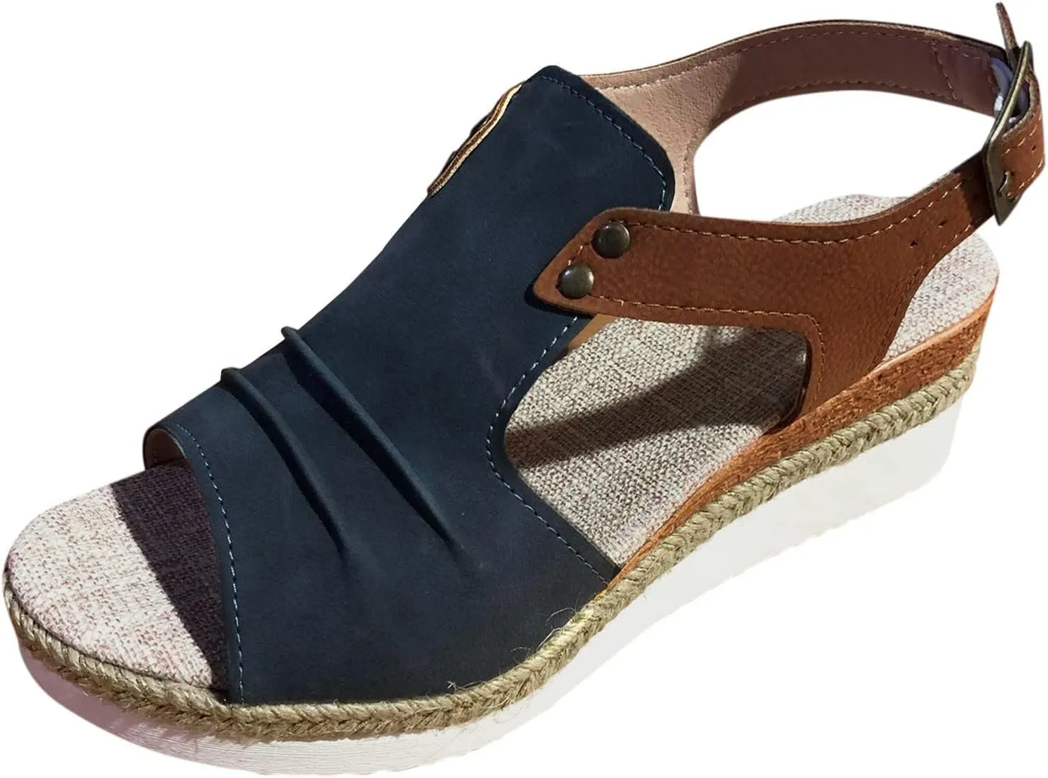 Women's Wedge Sandals 2025, Summer Dressy Comfortable Orthopedic Wedge Heels, Nude Bow Espadrilles, Platform Cork Wedges, Size 7.5, Navy Suede, Open Toe, Slip On