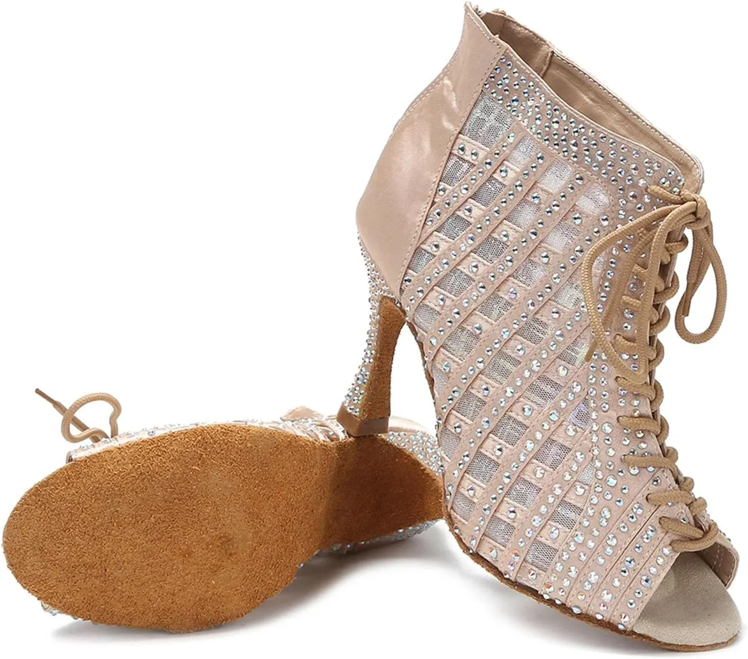 Women's White Ballroom Boots - Samba Salsa Mesh Party Heels (8.5CM/3.35")