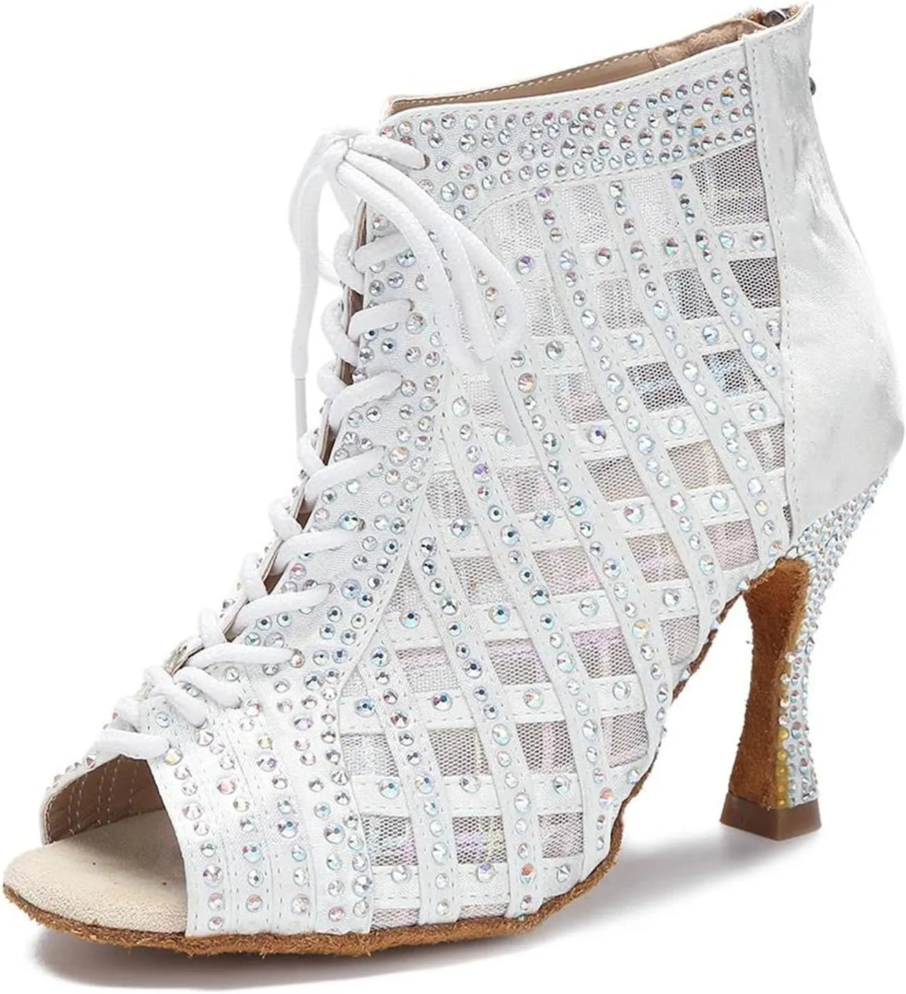 Women's White Ballroom Boots - Samba Salsa Mesh Party Heels (8.5CM/3.35")