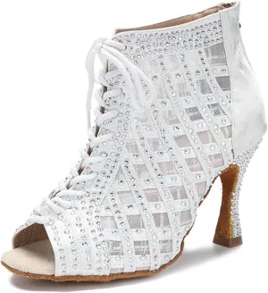 Women's White Ballroom Boots - Samba Salsa Mesh Party Heels (8.5CM/3.35")