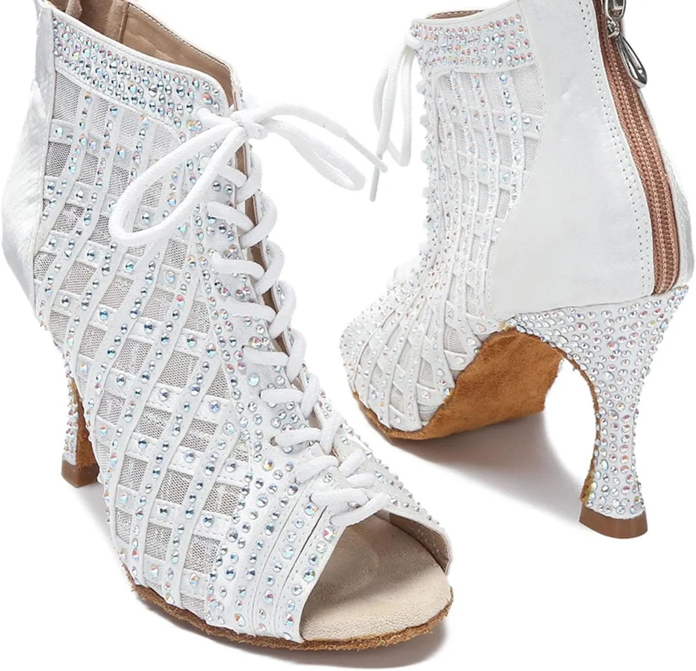 Women's White Ballroom Boots - Samba Salsa Mesh Party Heels (8.5CM/3.35")