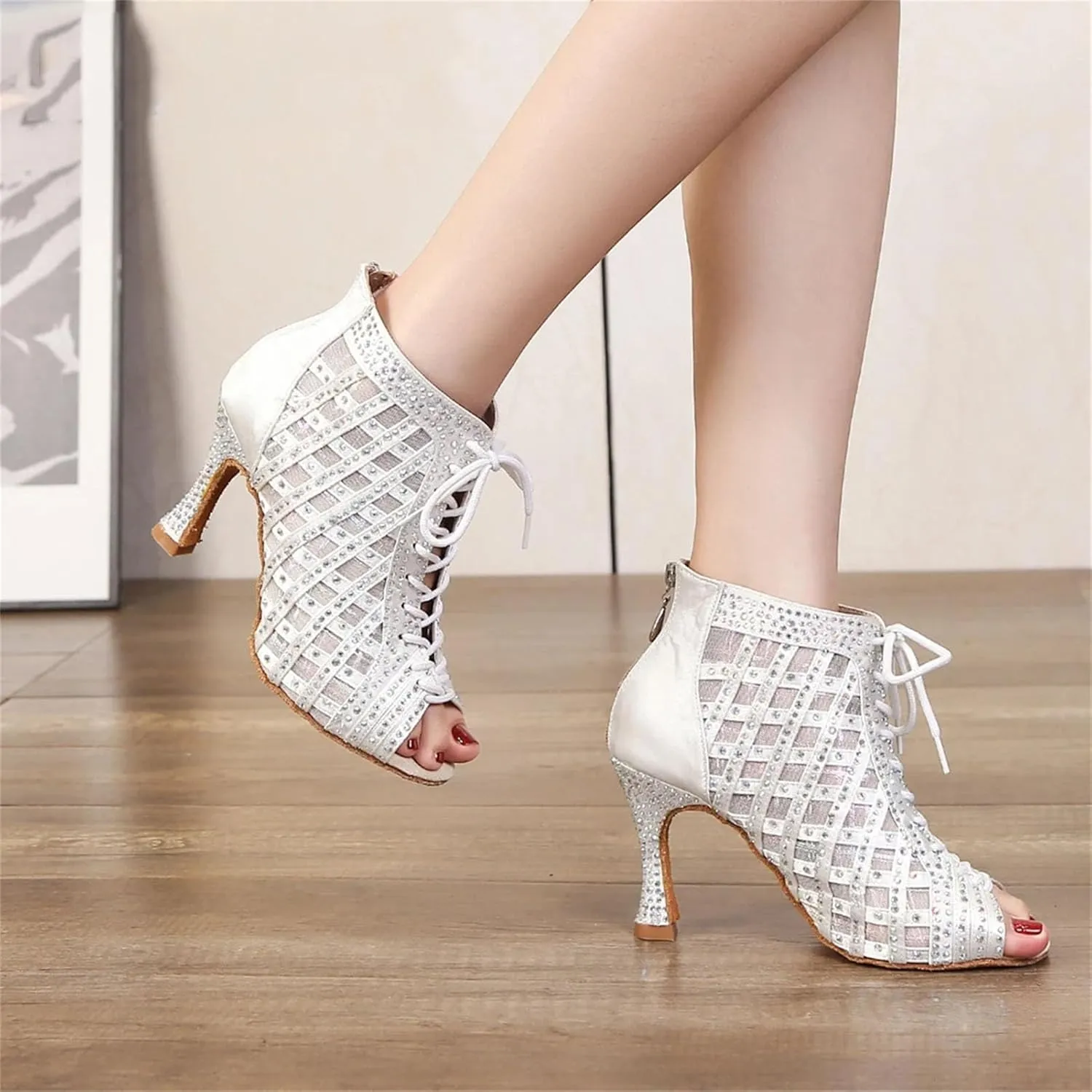 Women's White Ballroom Boots - Samba Salsa Mesh Party Heels (8.5CM/3.35")