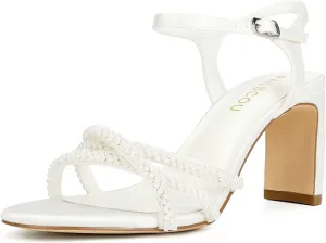 Women's White Heeled Sandals Pearl Wedding Shoes Open Toe Strappy Bridal Heels