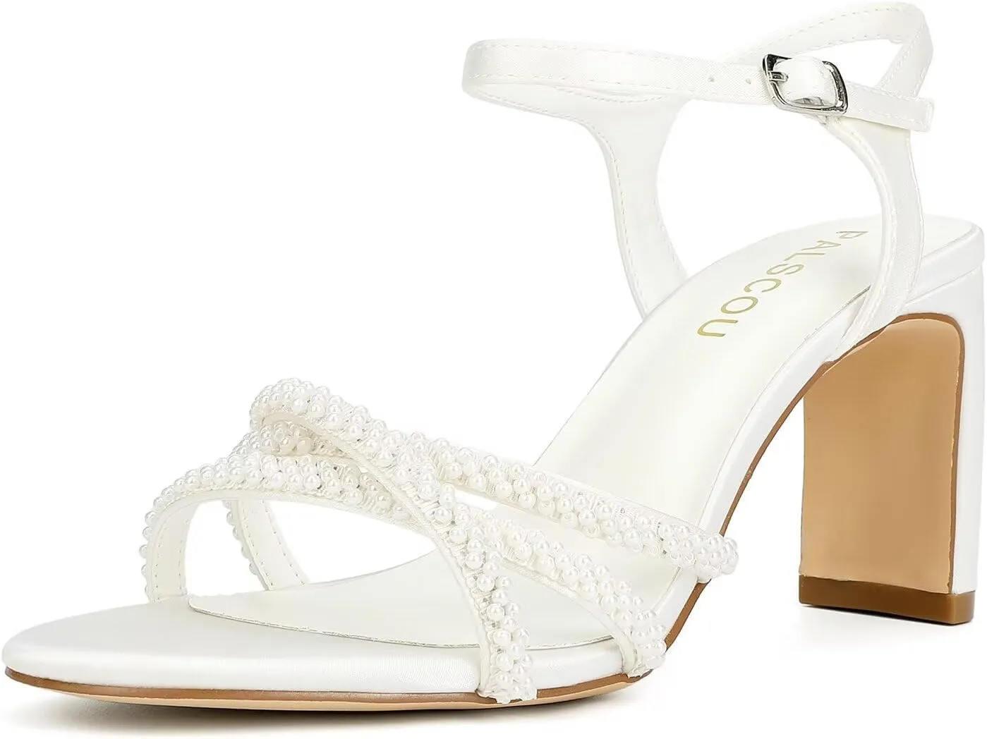 Women's White Heeled Sandals Pearl Wedding Shoes Open Toe Strappy Bridal Heels