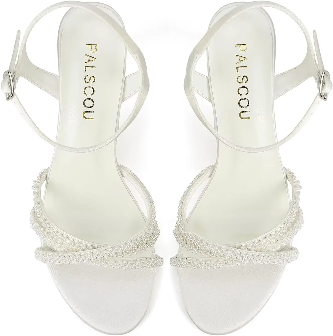 Women's White Heeled Sandals Pearl Wedding Shoes Open Toe Strappy Bridal Heels