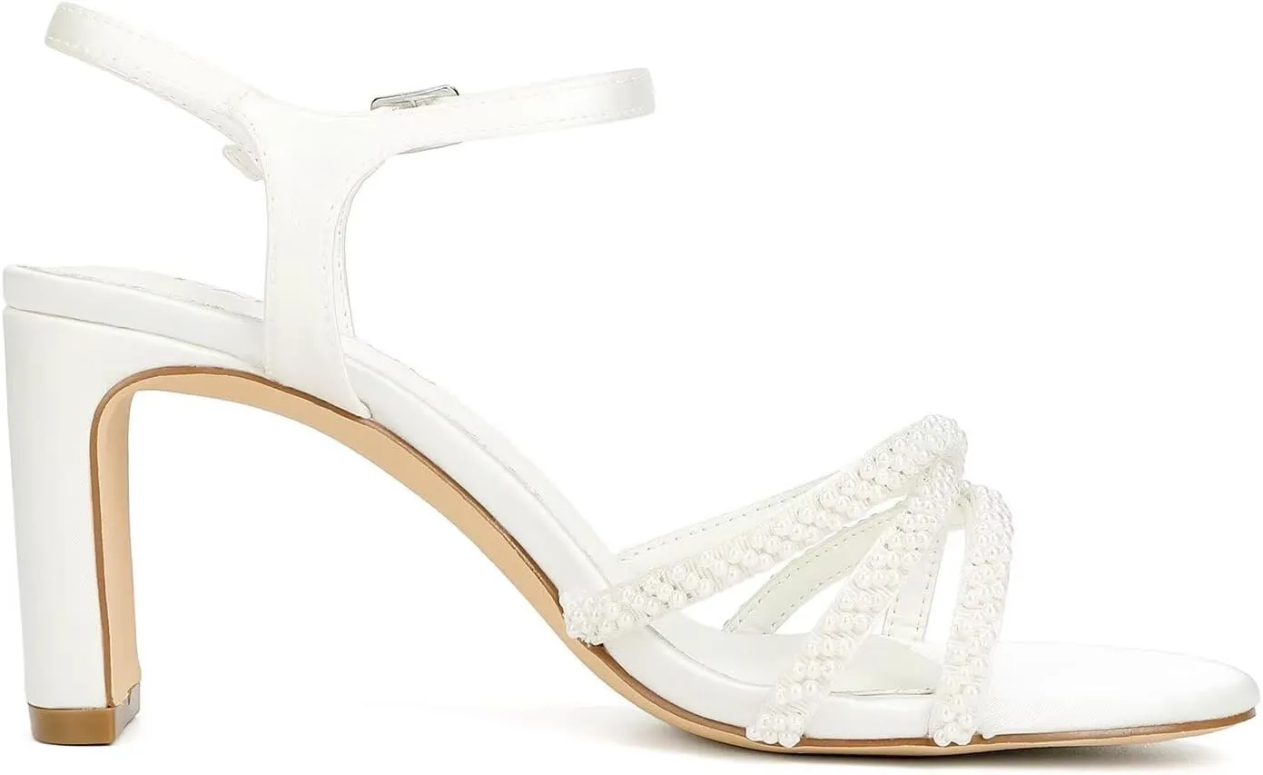 Women's White Heeled Sandals Pearl Wedding Shoes Open Toe Strappy Bridal Heels