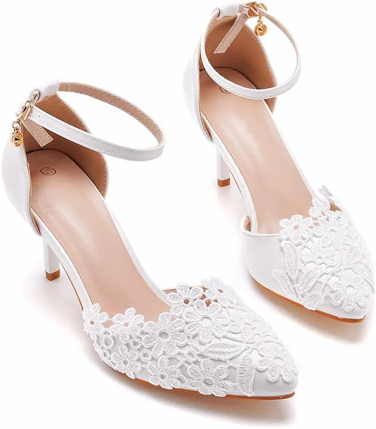 Women's White Lace Floral Stiletto High Heel Wedding Shoes, Sexy Pointed Closed Toe Bridal Heels Sandals, Ankle Strap Party Dress Bride D'Orsay Pumps