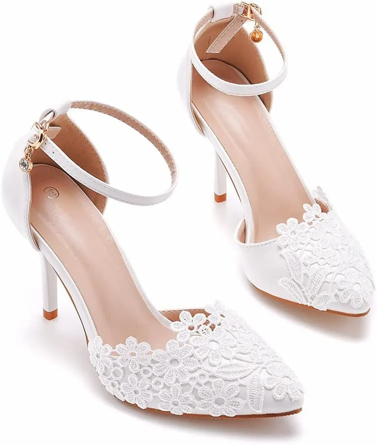 Women's White Lace Floral Stiletto High Heel Wedding Shoes, Sexy Pointed Closed Toe Bridal Heels Sandals, Ankle Strap Party Dress Bride D'Orsay Pumps