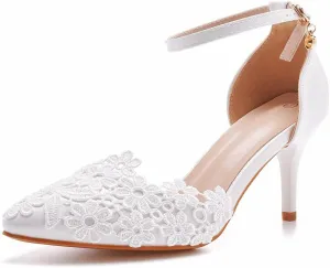 Women's White Lace Floral Stiletto High Heel Wedding Shoes, Sexy Pointed Closed Toe Bridal Heels Sandals, Ankle Strap Party Dress Bride D'Orsay Pumps