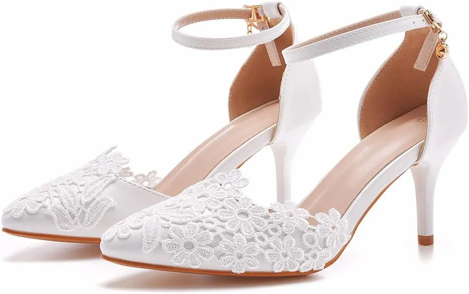 Women's White Lace Floral Stiletto High Heel Wedding Shoes, Sexy Pointed Closed Toe Bridal Heels Sandals, Ankle Strap Party Dress Bride D'Orsay Pumps