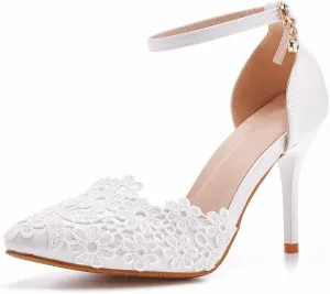 Women's White Lace Floral Stiletto High Heel Wedding Shoes, Sexy Pointed Closed Toe Bridal Heels Sandals, Ankle Strap Party Dress Bride D'Orsay Pumps