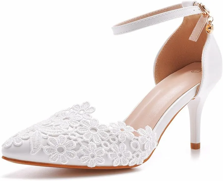 Women's White Lace Floral Stiletto High Heel Wedding Shoes, Sexy Pointed Closed Toe Bridal Heels Sandals, Ankle Strap Party Dress Bride D'Orsay Pumps
