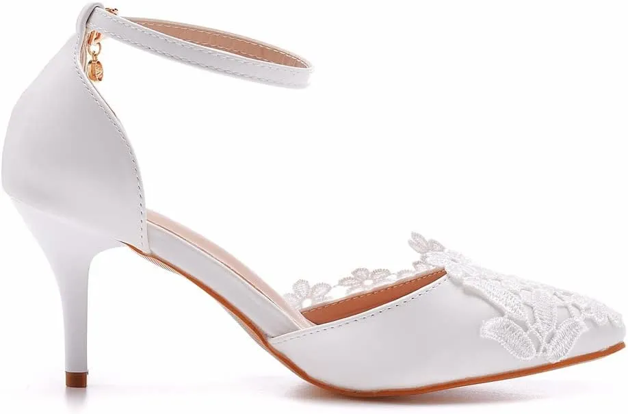 Women's White Lace Floral Stiletto High Heel Wedding Shoes, Sexy Pointed Closed Toe Bridal Heels Sandals, Ankle Strap Party Dress Bride D'Orsay Pumps