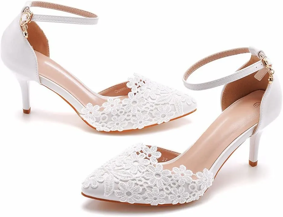 Women's White Lace Floral Stiletto High Heel Wedding Shoes, Sexy Pointed Closed Toe Bridal Heels Sandals, Ankle Strap Party Dress Bride D'Orsay Pumps