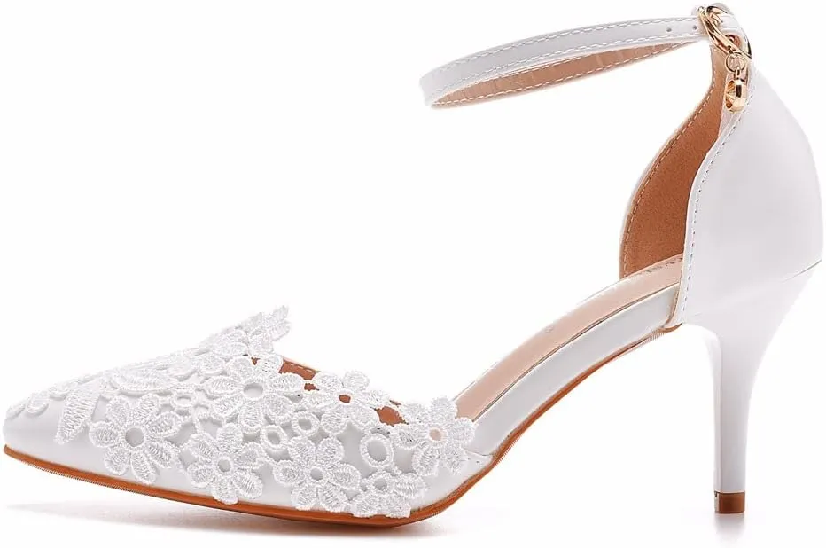 Women's White Lace Floral Stiletto High Heel Wedding Shoes, Sexy Pointed Closed Toe Bridal Heels Sandals, Ankle Strap Party Dress Bride D'Orsay Pumps