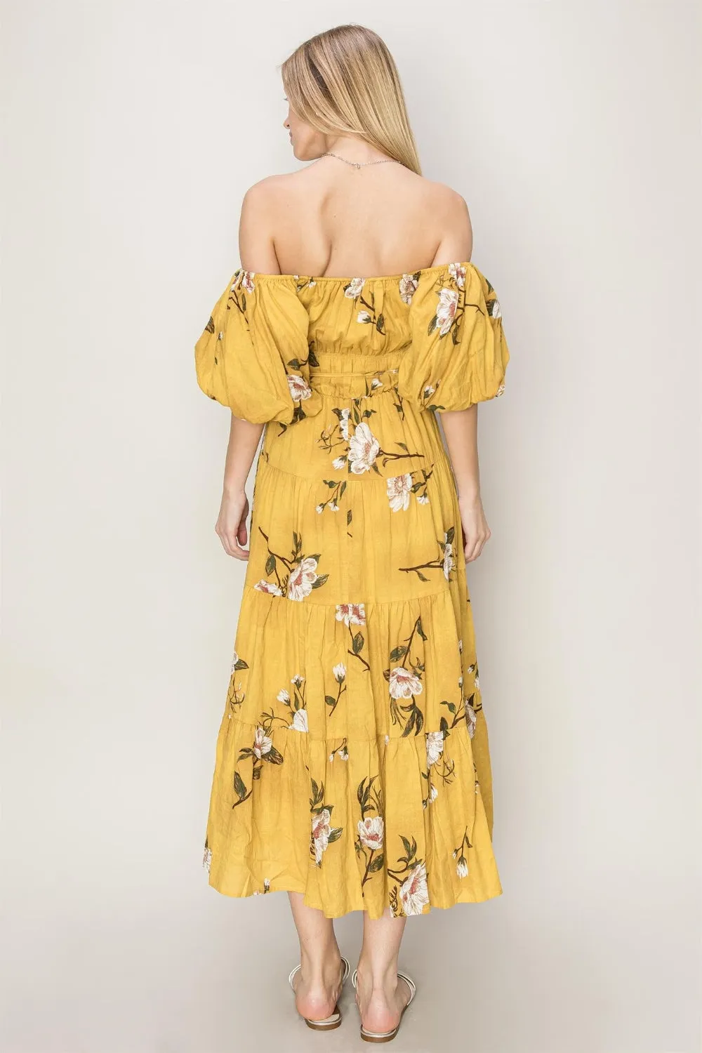 Womens Yellow Floral Off-Shoulder Puff Sleeve Tiered Maxi Dress