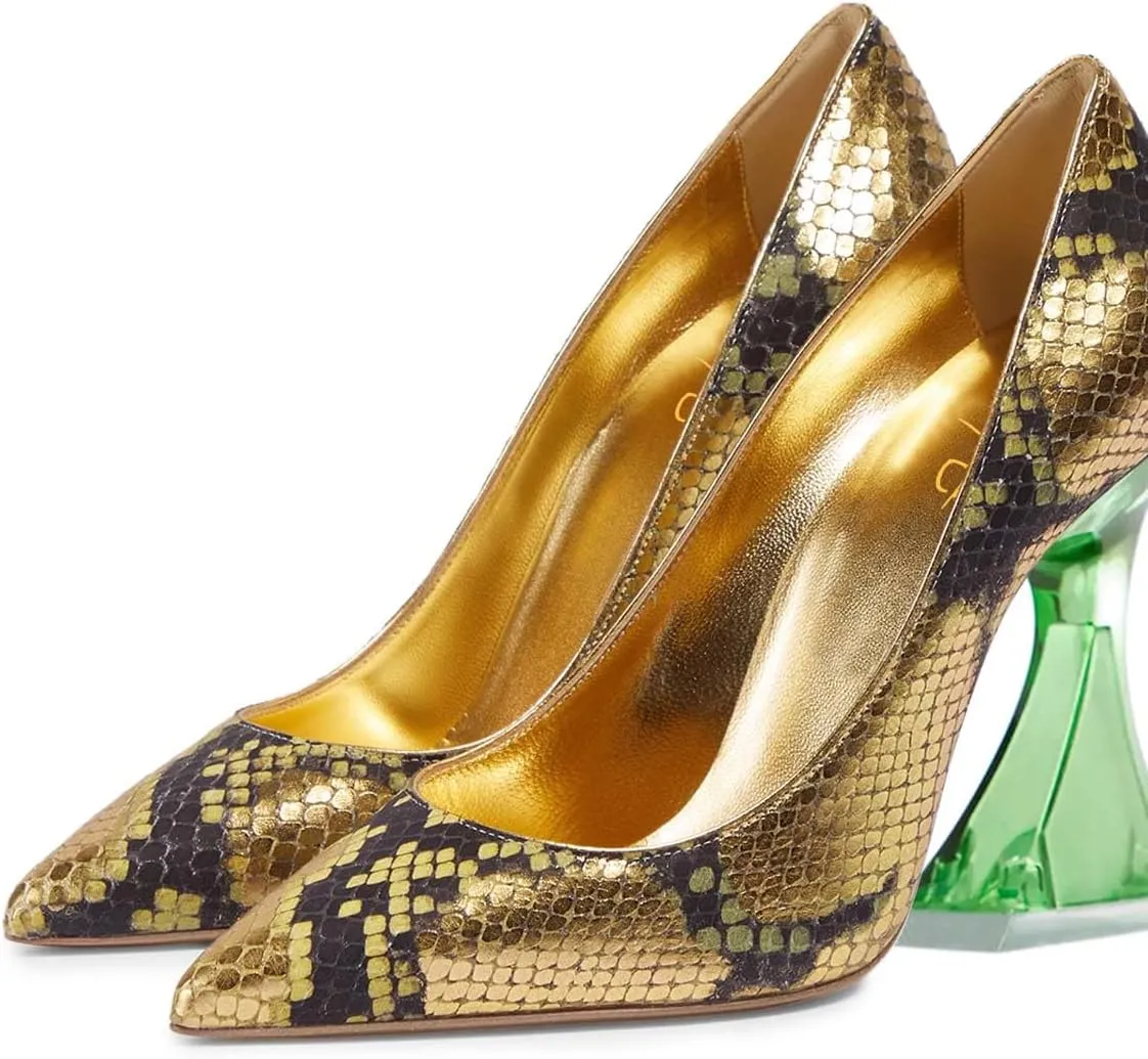 XYD Women Pointed Toe Party Heels Transparent Flared High Heel Studded Pumps Slip On Evening Prom Fashion Shoes