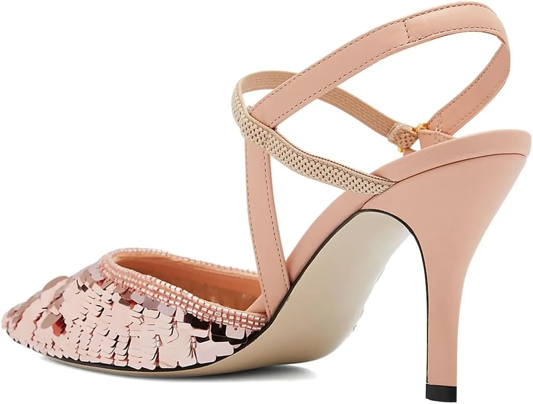 XYD Women's Sequins Shoes Ankle Strappy Closed Pointed Toe Sparkle Slingback High Heels for Evening Party Wedding Bridal Pumps
