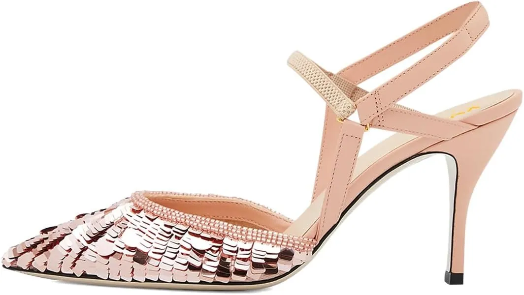 XYD Women's Sequins Shoes Ankle Strappy Closed Pointed Toe Sparkle Slingback High Heels for Evening Party Wedding Bridal Pumps
