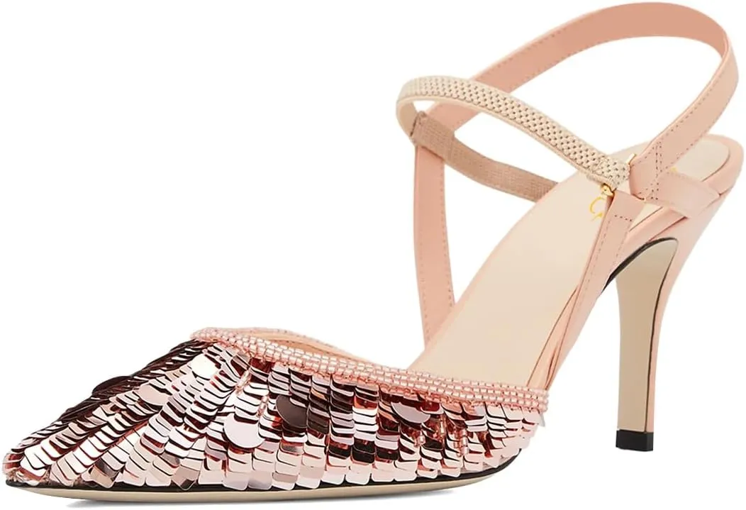 XYD Women's Sequins Shoes Ankle Strappy Closed Pointed Toe Sparkle Slingback High Heels for Evening Party Wedding Bridal Pumps