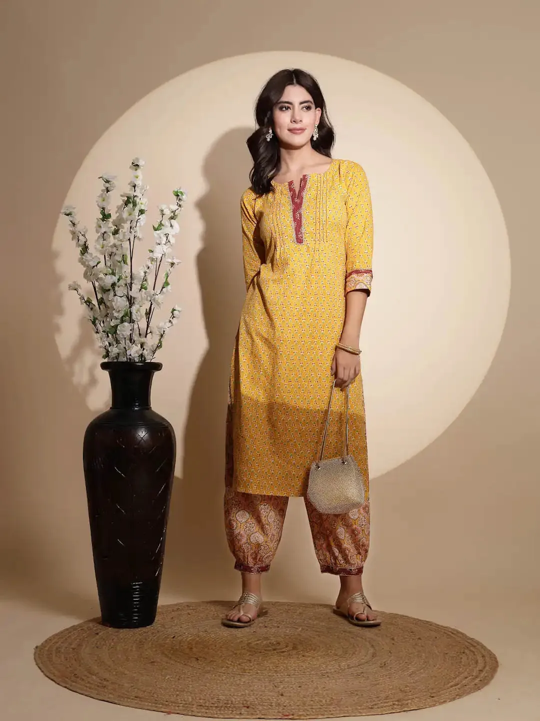 Yellow Embellished Three Fourth Sleeve V Neck Cotton Kurta Set