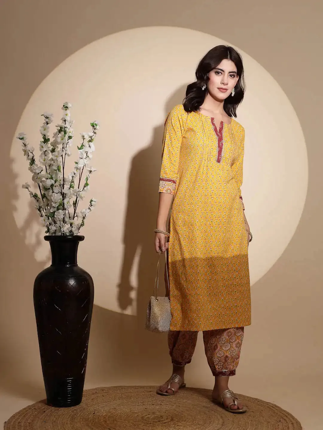 Yellow Embellished Three Fourth Sleeve V Neck Cotton Kurta Set