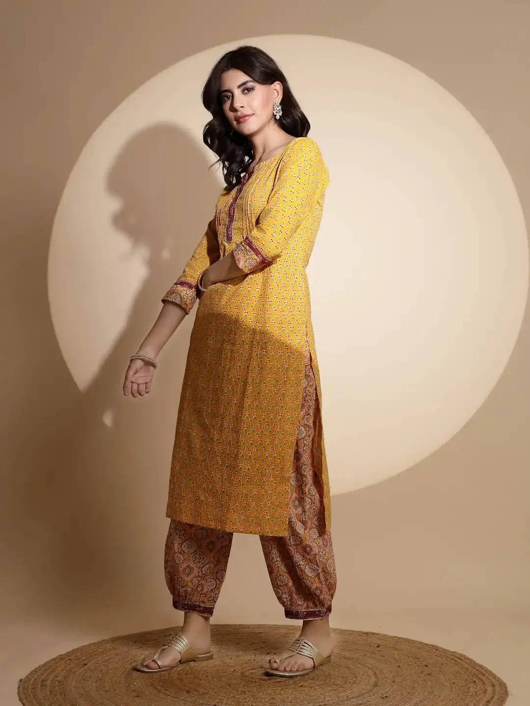 Yellow Embellished Three Fourth Sleeve V Neck Cotton Kurta Set