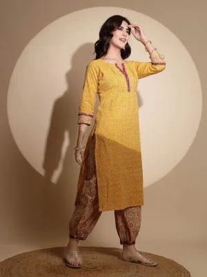 Yellow Embellished Three Fourth Sleeve V Neck Cotton Kurta Set