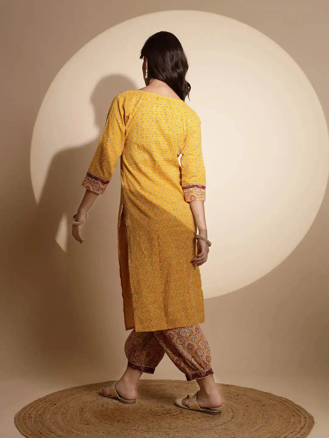 Yellow Embellished Three Fourth Sleeve V Neck Cotton Kurta Set