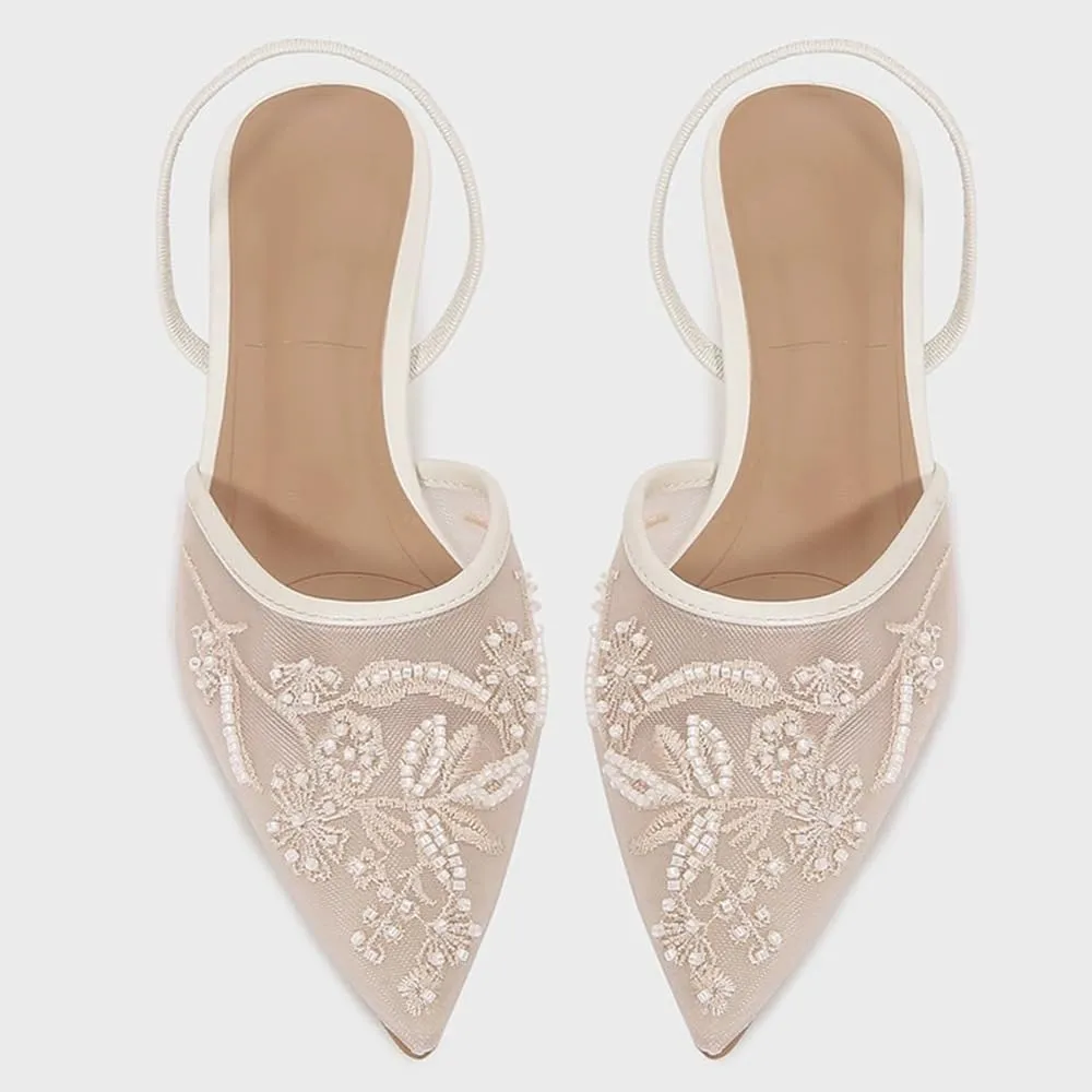 YIYA Women's White Embroidered Mesh Slingback Wedding Bridal Heels Closed Pointed Toe Stiletto Pearl Kitten Heels Party Dress Pumps Shoes