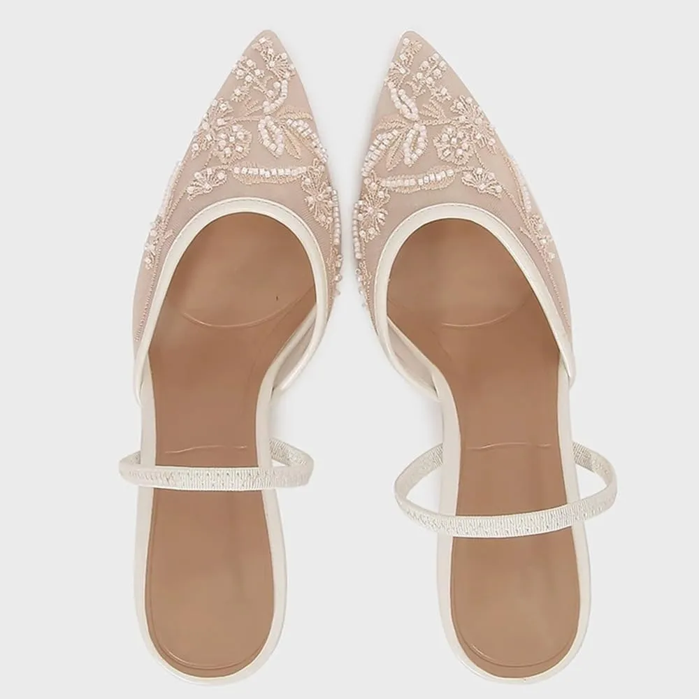 YIYA Women's White Embroidered Mesh Slingback Wedding Bridal Heels Closed Pointed Toe Stiletto Pearl Kitten Heels Party Dress Pumps Shoes