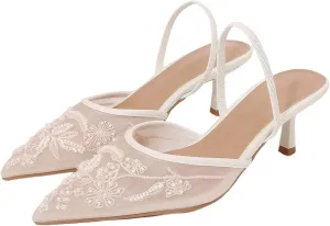 YIYA Women's White Embroidered Mesh Slingback Wedding Bridal Heels Closed Pointed Toe Stiletto Pearl Kitten Heels Party Dress Pumps Shoes
