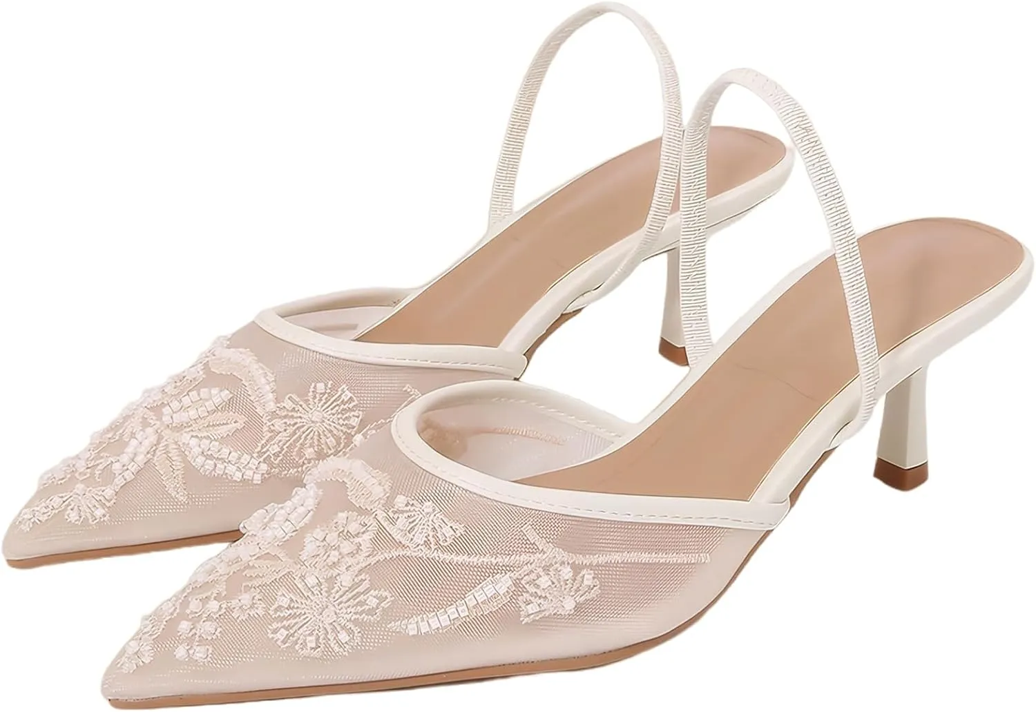 YIYA Women's White Embroidered Mesh Slingback Wedding Bridal Heels Closed Pointed Toe Stiletto Pearl Kitten Heels Party Dress Pumps Shoes